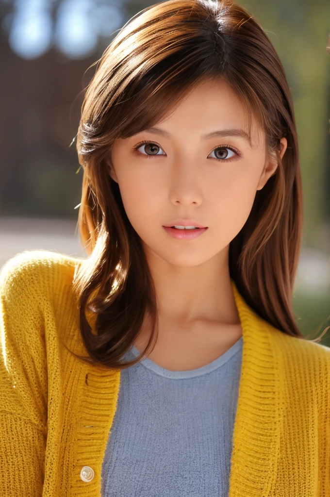8K, top-quality, masterpiece, realisitic, Photorealsitic, ultra-detailliert, Natural sunlight, extremely detailed face and skin, A detailed eye, Highly detailed face-to-skin intermediate shots, Beautiful woman looking at camera, sexy pose, Beautiful face, Realistic face, Detailed face, Beautiful hairstyle, Realistic eyes, Detailed eyes, Realistic skin, Detailed skin, Beautiful skin, Attractive, A hyper-realistic, Sexy yellow cardigan, Gentle, Brown hair, cute Japanese girls, Full body