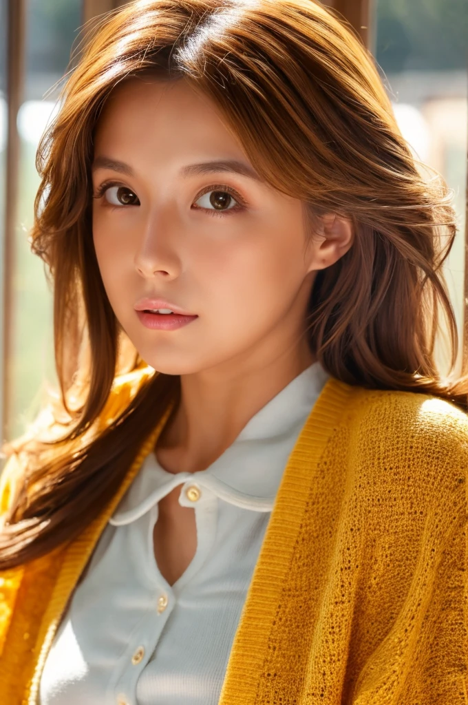 8K, top-quality, masterpiece, realisitic, Photorealsitic, ultra-detailliert, Natural sunlight, extremely detailed face and skin, A detailed eye, Highly detailed face-to-skin intermediate shots, Beautiful woman looking at camera, sexy pose, Beautiful face, Realistic face, Detailed face, Beautiful hairstyle, Realistic eyes, Detailed eyes, Realistic skin, Detailed skin, Beautiful skin, Attractive, A hyper-realistic, Sexy yellow cardigan, Gentle, Brown hair, cute Japanese girls, Full body