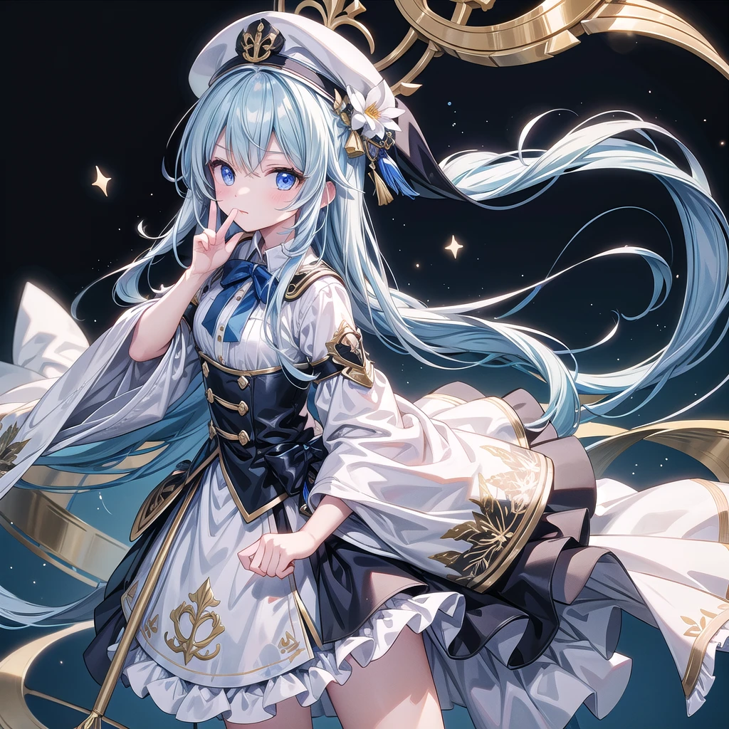 1girl、Dynamic composition、(((Masterpiece、Highest quality、Official Art、Super detailed、Handsome face、Dynamic composition)))、Anime Style、(Milky white and blue hair:1.3),(blue eyes:1.4),(Bright colors:1.4),((麻の葉background:1.3)),, Cool girl in marching band uniform, Marching Band Hats、mini skirt, Frills, Black and white with gold embroidered flag held in both hands,(background:Large red flag on the back with gold floral embroidery, Note, )