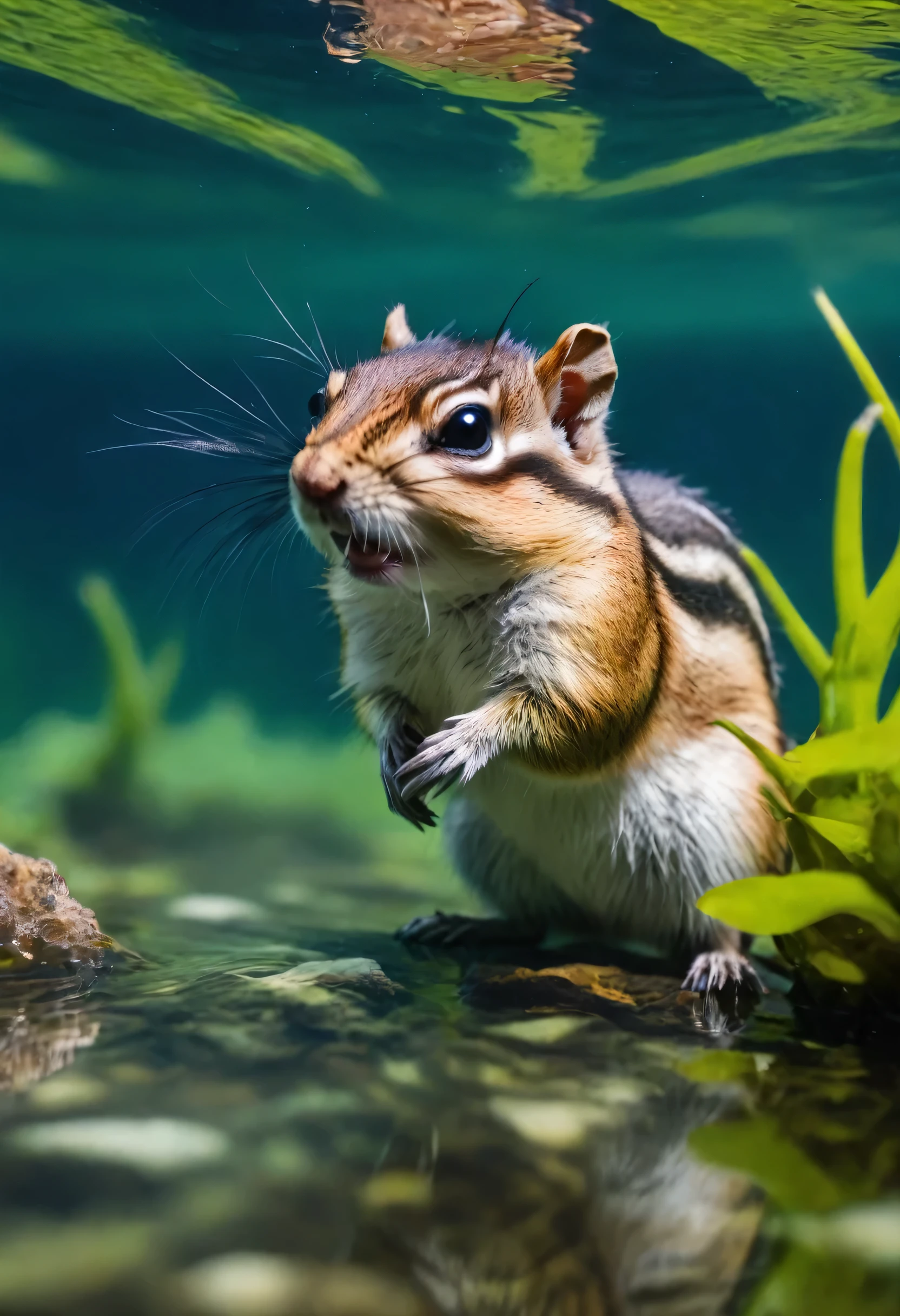 A vivid high-quality photo depicting a chipmunk underwater