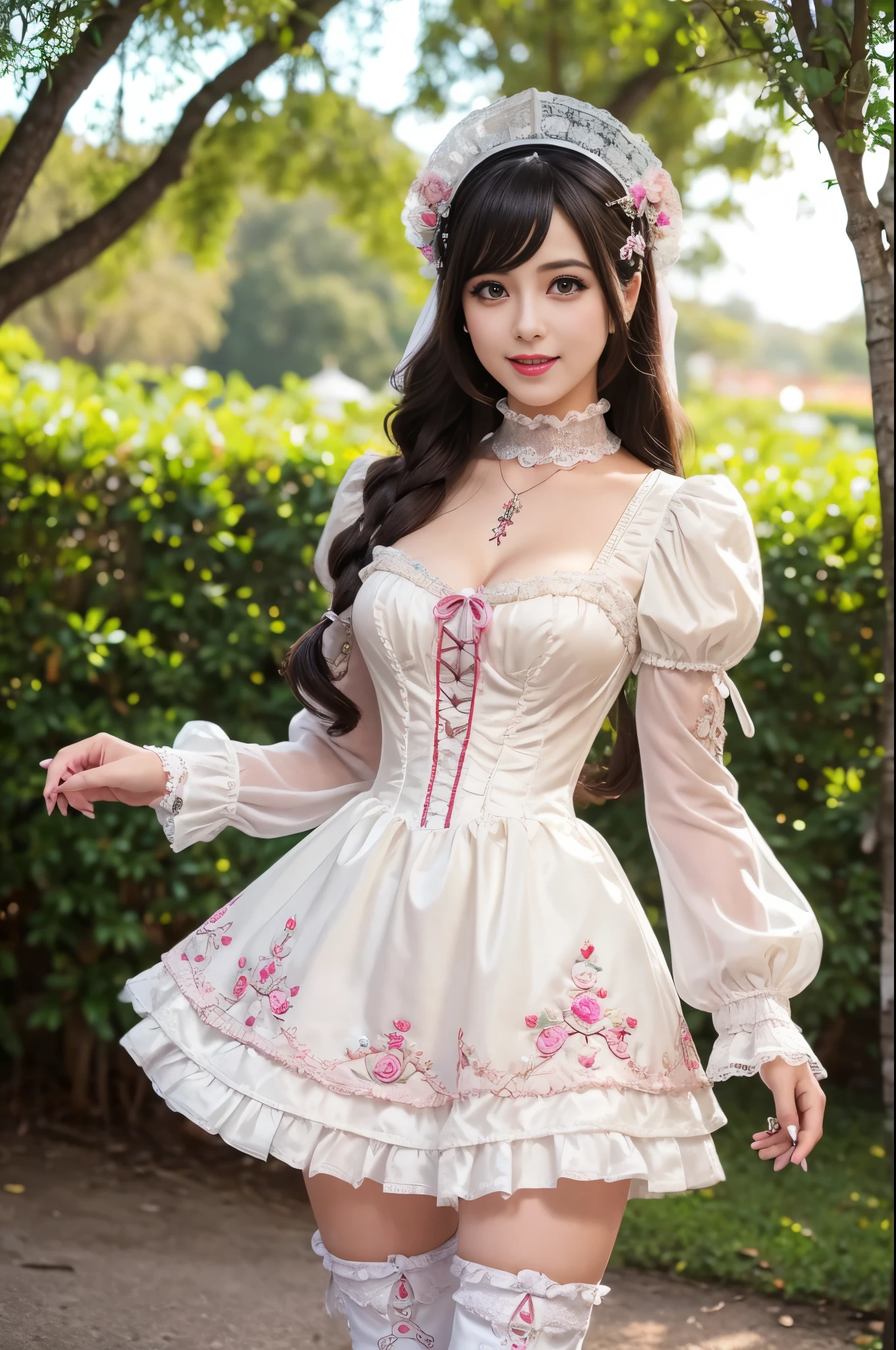 sexy stylish Spanish model, only 1 female, ((doll-like appearance)), ((very detailed Victorian-Style boots)), (happy smile), very detailed eyes, vivid eye makeup, lipgloss, long lashes, defined eyebrows, ((sexy Paradise Kiss cosplay)), bell-shaped skirt, petticoats, high neckline, puffed sleeves, ((very detailed lace)), ((very detailed embroidery)), intricate details, Paradise Kiss accessoires and matching headpiece, Paradise Kiss choker, ((large sparkling Paradise Kiss jewelry)), cinematic light, detailed large park background with trees