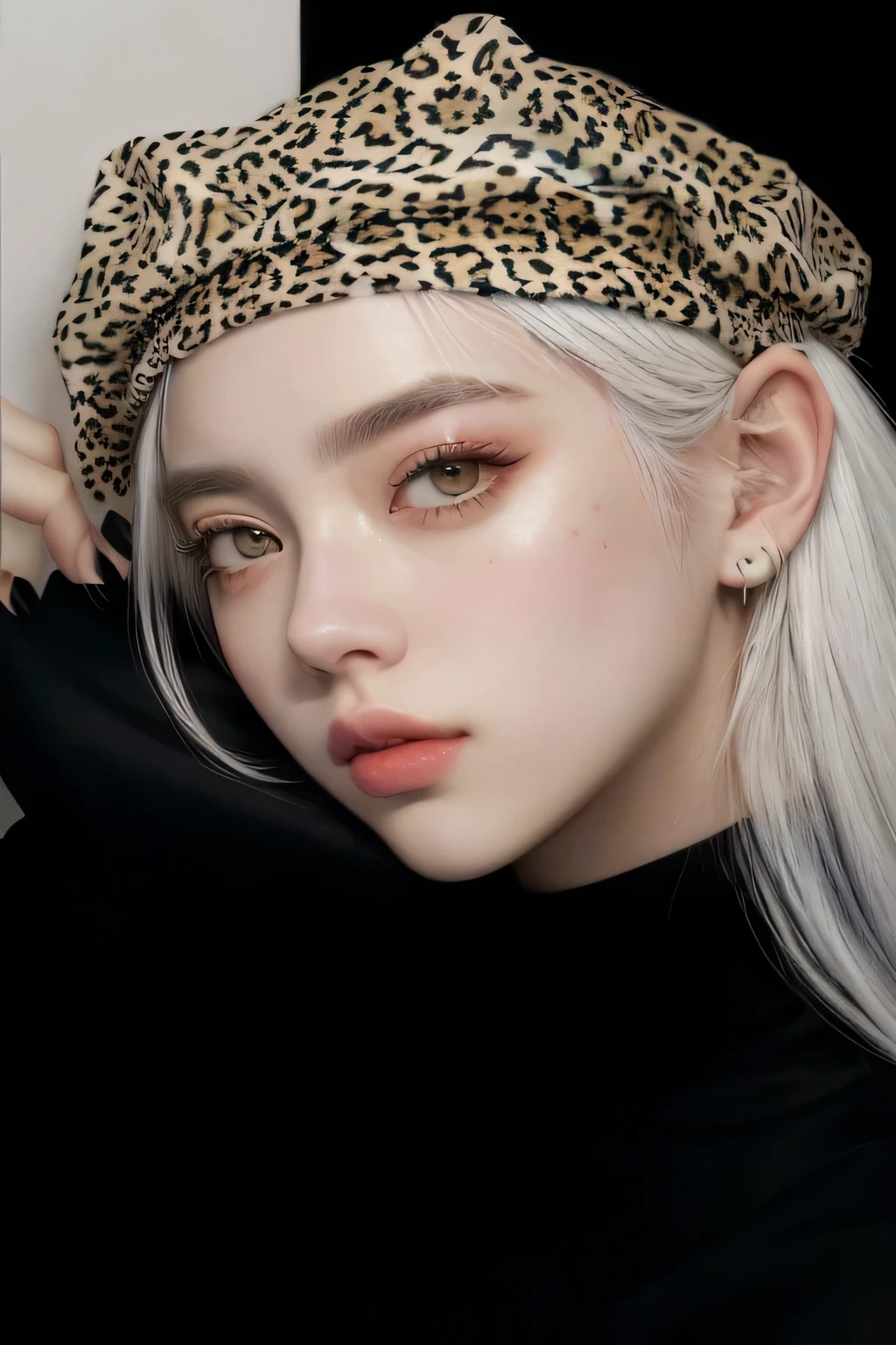 Araffe with white hair and leopard print hat, portrait of jossi do blackpink, retrato de jisoo blackpink, retrato de billie eilish, kpop idol portrait, retrato de billie eilish, Jisoo do Blackpink, realisitic. cheng yi, non-style artwork by guweiz, jossi do blackpink, realism art style, Senhor Supremo Billie Eilish, white  hair, ulzzang girl, ulzzang girl, cute girl, kawaii girl