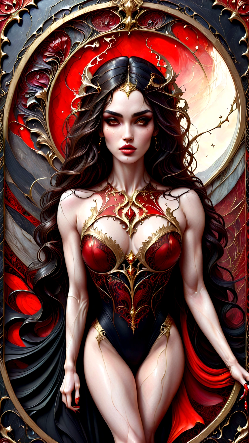 a beautiful illustration of megan fox as a very muscular vampire girl in an abstract marble texture with a tarot style frame, with colors of obsidian black, shiny gold, and ruby red, highly detailed, intricate design, BY Anne Bachelier,