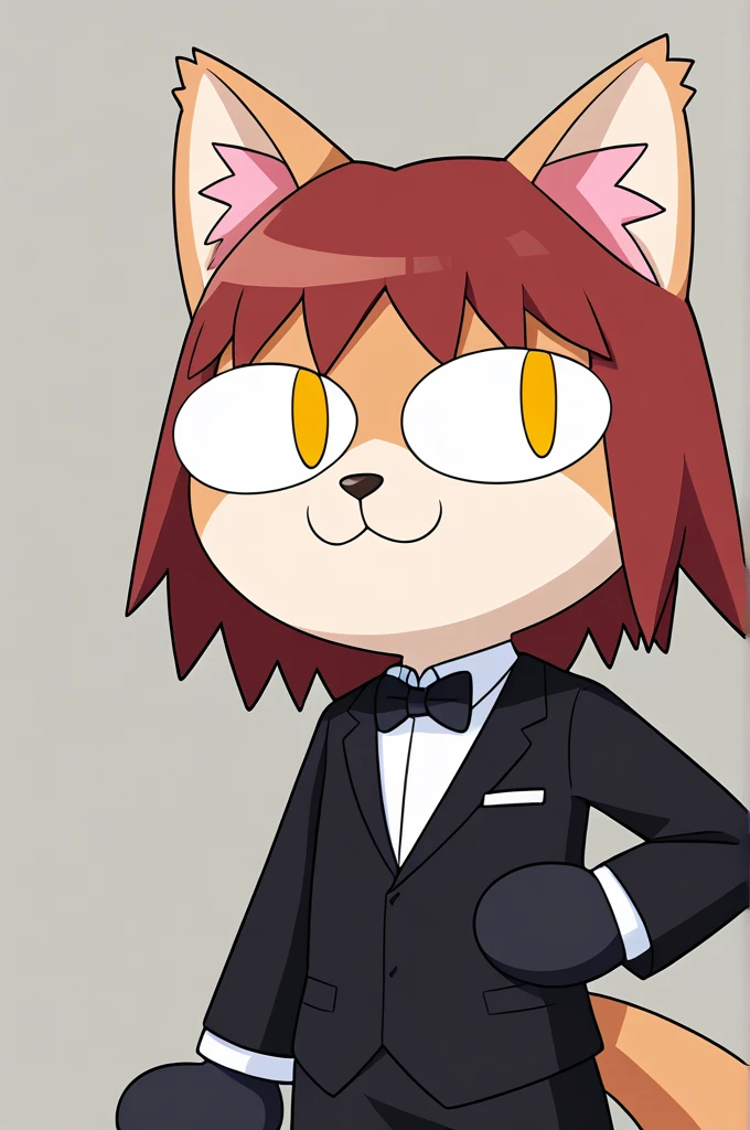 solo female ,furry ,tuxedo catA Japanese girl with yellow eyes, black fringes cut in a bob hairstyle,black long gloves wearing any clothes and any clothes as an outfit