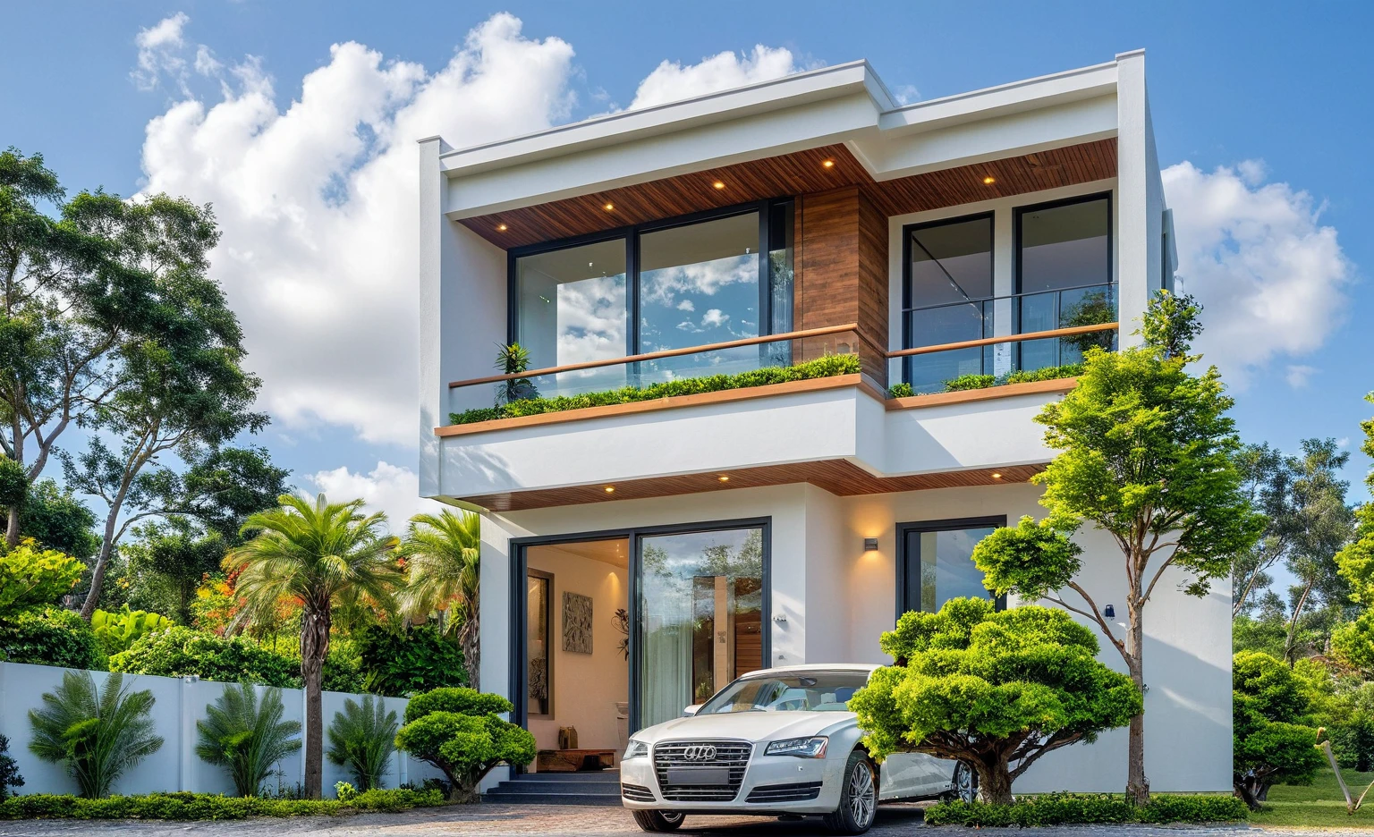 Masterpiece, high quality, best quality, authentic, super detail, outdoors, onestoreyvillaXL, aiaigroup, house style modern on the street ,stairs, white wall ,road,pavement, grass, trees, sky, cloud, (daylight:1.1)