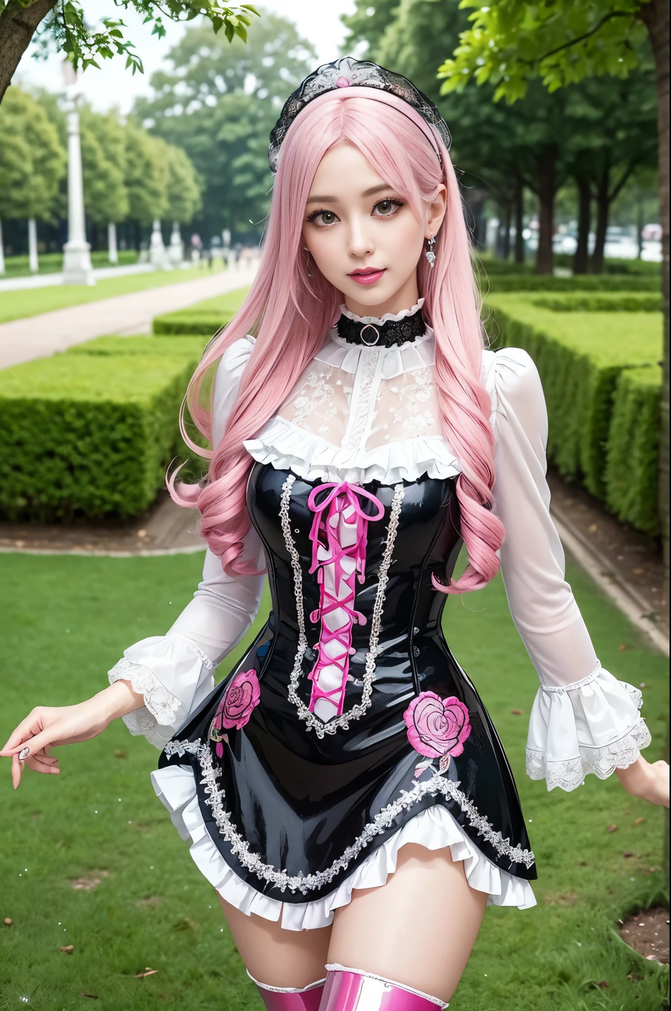 sexy stylish Swedish model, only 1 female, ((doll-like appearance)), long neon pink stylish hair, ((shiny Victorian-Style boots)), (happy smile), ultra detailed eyes, very detailed eye makeup, lipgloss, long lashes, defined eyebrows, ((sexy Paradise Kiss cosplay)), bell-shaped skirt, petticoats, high neckline, puffed sleeves, ((ultra detailed lace)), ((ultra detailed embroidery)), intricate details, Paradise Kiss accessoires and matching headpiece, choker, ((large sparkling Paradise Kiss jewelry)), cinematic light, detailed large park background with trees