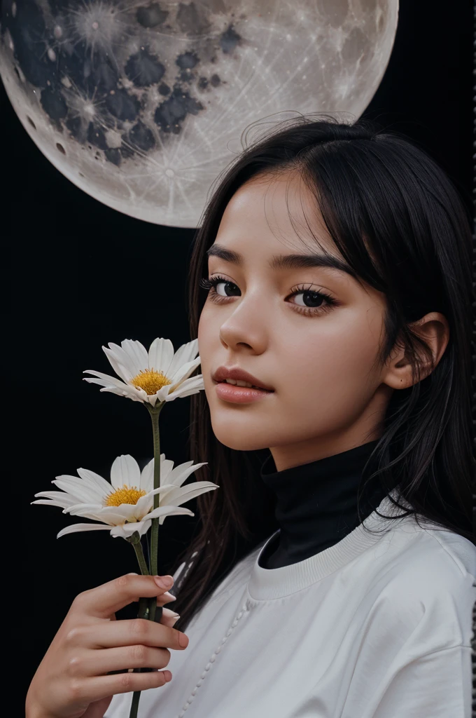 Create a phone wallpaper with a black background where a girl holding a flower and watching moon