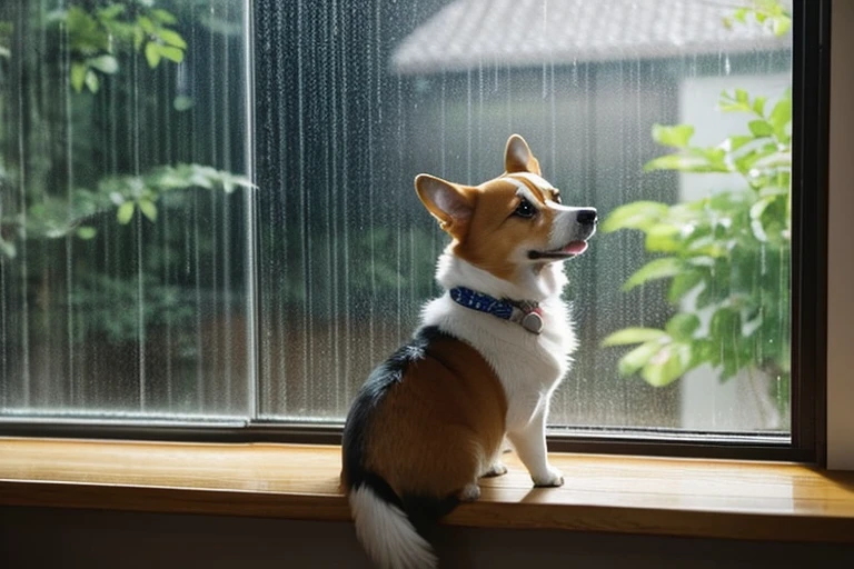 Corgi dog sitting looking out the window at the rain