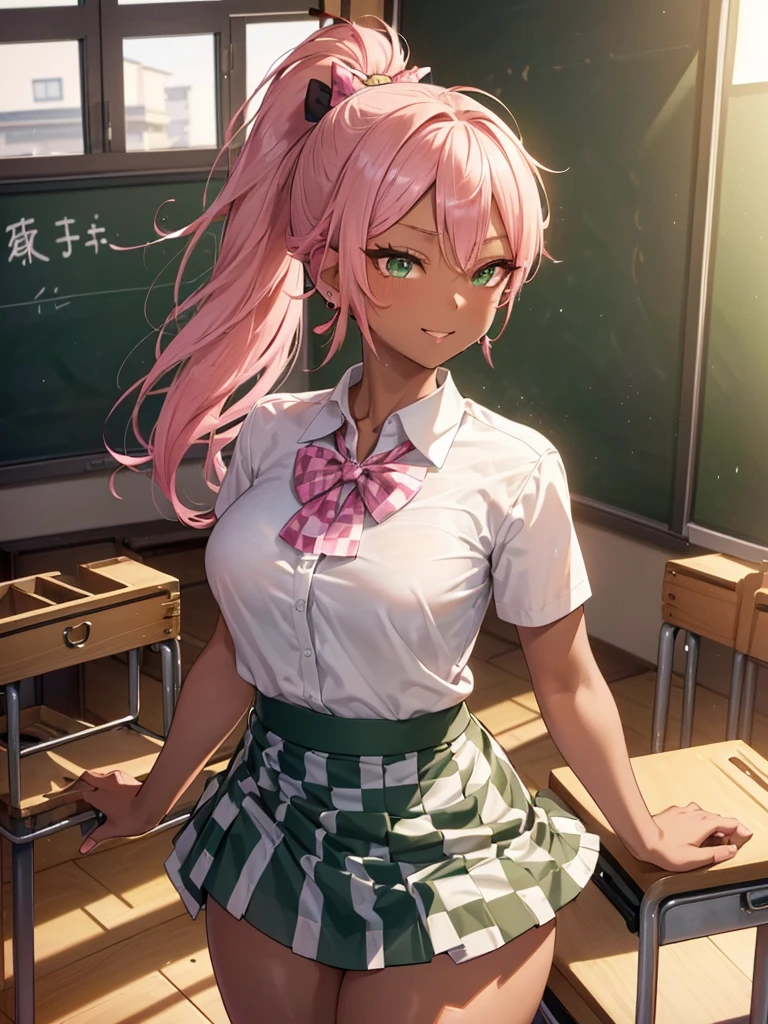 (A beautiful young Japanese woman), nsfw, Detailed Background, (((独奏))), ((Excellent anatomy: 1.2)), (Pink Hair, ponytail), Big Tits, (dark skin:1.3), (green eyes), (Beautiful Eyes), (((White short sleeve shirt, bow, Checkered mini skirt))), Earrings, Sexy smile, (Classroom during break time:1.5), Hair tied up, Beautiful thighs, 