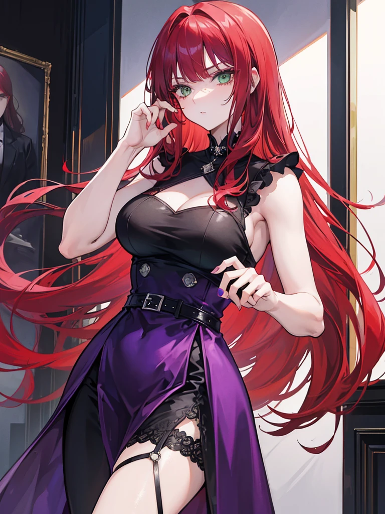 woman, green eyes, long red hair, bangs. she hair wavy. wear purple black dress, arrogant, independent woman, thug. bad girl. intimidating women. background in luxury mansion. mature woman. mafia.