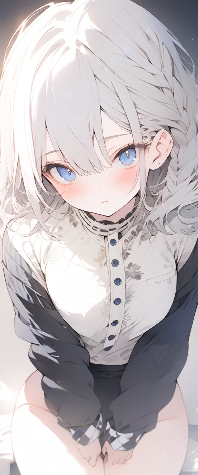 beautiful, masterpiece, Highest quality, anime, One girl, C Cup,Portrait Shot, View your viewers, Covered、Medium Hair、nearby、Blue Eyes、art、、White hair,Blue streaked hair, dark atmosphere、Thighs、Braid、Patterned casual shirt、No underwear
