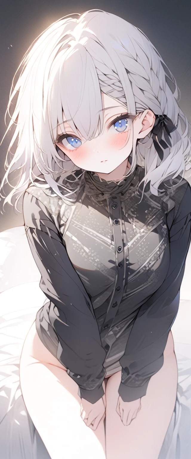 beautiful, masterpiece, Highest quality, anime, One girl, C Cup,Portrait Shot, View your viewers, Covered、Medium Hair、nearby、Blue Eyes、art、、White hair,Blue streaked hair, dark atmosphere、Thighs、Braid、Patterned casual shirt、No underwear