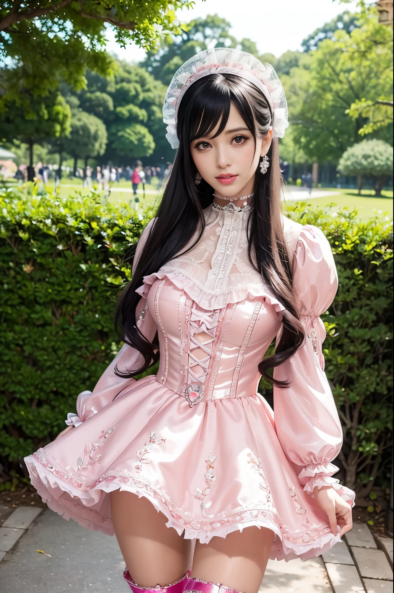 sexy stylish Swedish model, only 1 female, ((doll-like appearance)), long neon pink stylish hair, ((shiny Victorian-Style boots)), (happy smile), ultra detailed eyes, very detailed eye makeup, lipgloss, long lashes, defined eyebrows, ((sexy Paradise Kiss cosplay)), bell-shaped skirt, petticoats, high neckline, puffed sleeves, ((ultra detailed lace)), ((ultra detailed embroidery)), intricate details, Paradise Kiss accessoires and matching headpiece, choker, ((large sparkling Paradise Kiss jewelry)), cinematic light, detailed large park background with trees