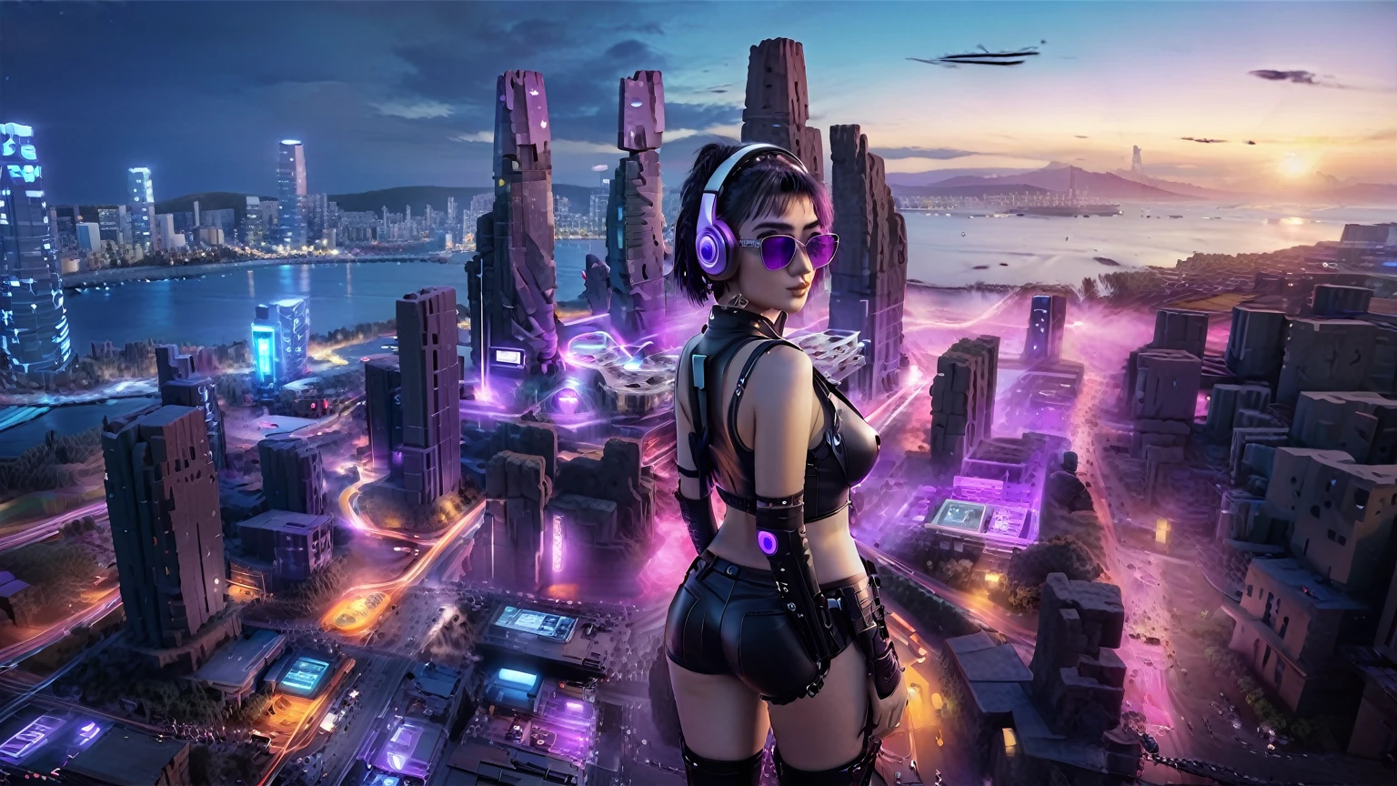 masterpiece, best quality, high resolution, 8k, (Portrait Photos:1.5), (R Original Photo), real picture, Digital Photography, (A fusion of cyberpunk and fantasy), 20 year old girl, solo, (((black sunglasses, headphone))), Feel free to hairstyle, Purple Eyes, By Bangs, (large breasts, cleavage, Accessories, Elegant and charming, Combination of cyberpunk and fantasy style clothing, Hollow carving design, Photo poses, Realistic style, (((((((pistol shooting pose))))))), oc render reflection texture, sentry, (((((Cyberpunk style future city, giant (Easter Island Moai) shape buildings))))), night, Bustling streets, (((((half-body (thigh level) medium shot))))).