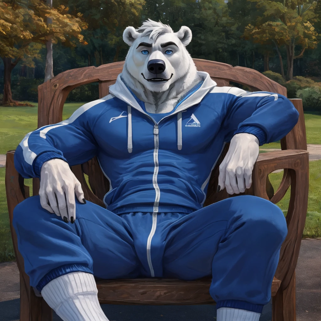 polar bear dad male dark blue track suit open chest slighly well built creast hair, blue eyes, sit on park chair, wearing white sock, disney profile, drawing lineart , spread legs