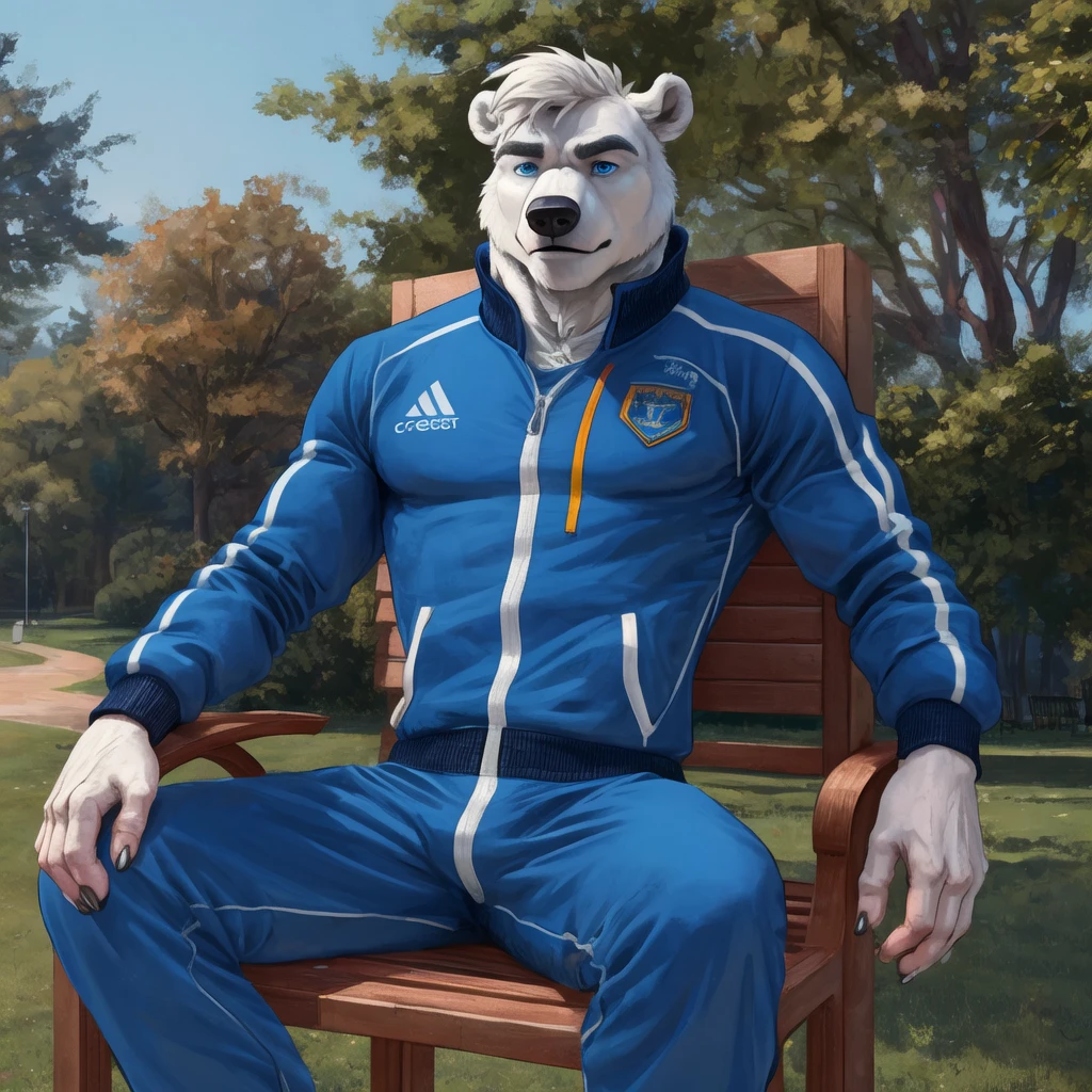 polar bear dad male dark blue track suit open chest slighly  well built  creast hair, blue eyes, sit on park chair, wearing white sock, disney profile,  drawing lineart , spread legs
