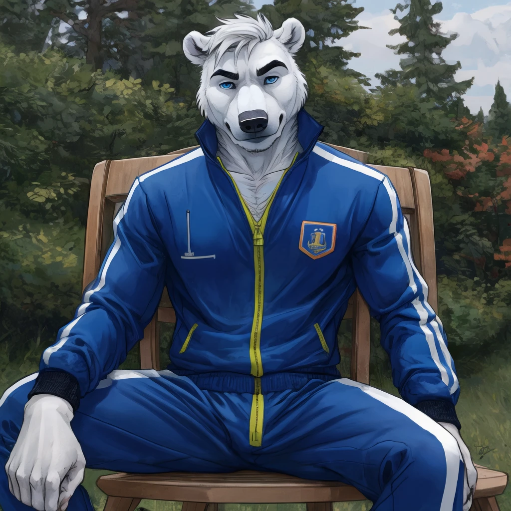 polar bear dad male dark blue track suit open chest slighly well built creast hair, blue eyes, sit on park chair, wearing white sock, disney profile, drawing lineart , spread legs