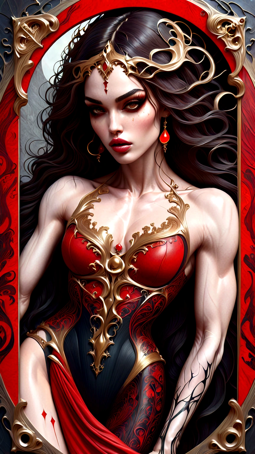 a beautiful illustration of a very muscular vampire girl in an abstract marble texture with a tarot style frame, with colors of obsidian black, shiny gold, and ruby red, highly detailed, intricate design, BY Anne Bachelier,
