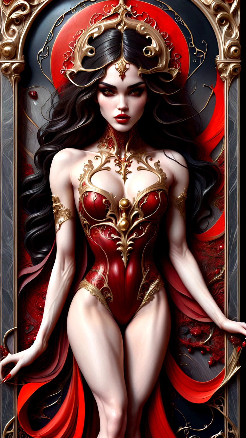 a beautiful illustration of megan fox as a very muscular vampire girl in an abstract marble texture with a tarot style frame, with colors of obsidian black, shiny gold, and ruby red, highly detailed, intricate design, BY Anne Bachelier,