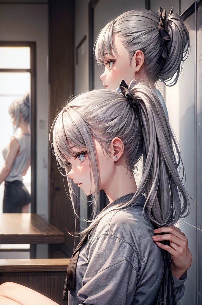 Beautiful woman pussy、Gray Hair、ponytail