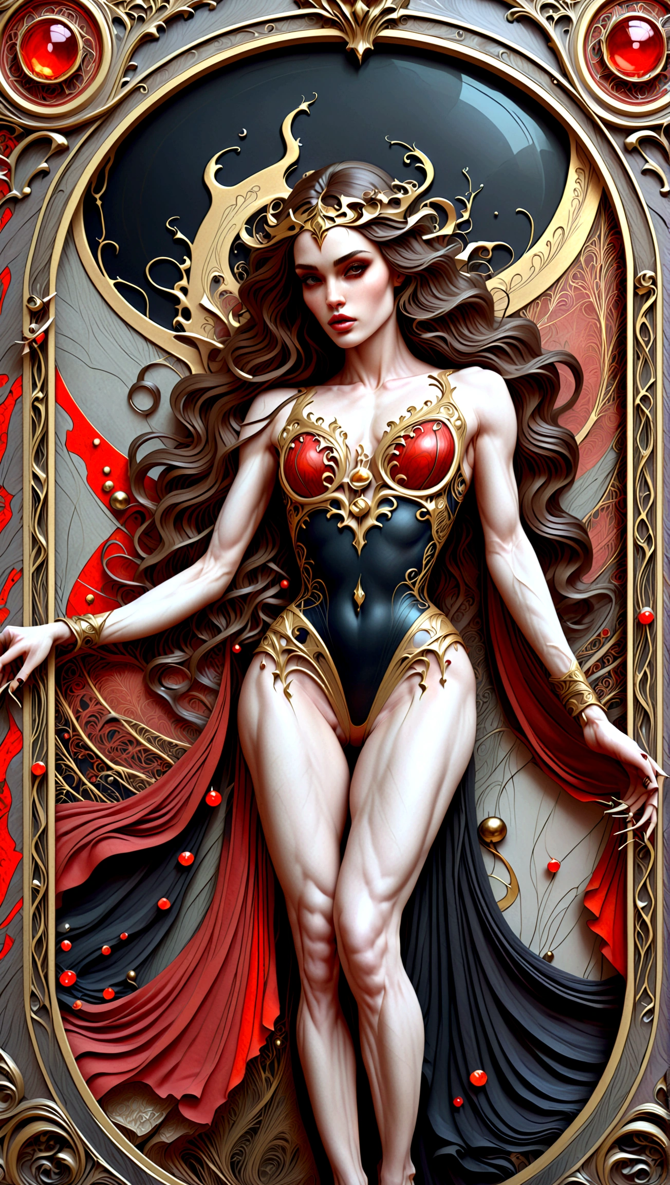 a beautiful illustration of megan fox as a very muscular vampire girl in an abstract marble texture with a tarot style frame, with colors of obsidian black, shiny gold, and ruby red, highly detailed, intricate design, BY Anne Bachelier,