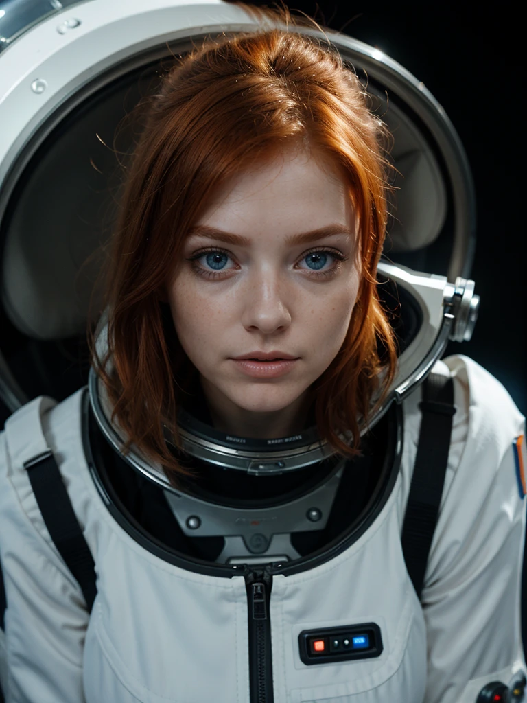 photo of a ginger woman, in space, futuristic space suit, (freckles:0.8) cute face, sci-fi, dystopian, detailed eyes, blue eyes