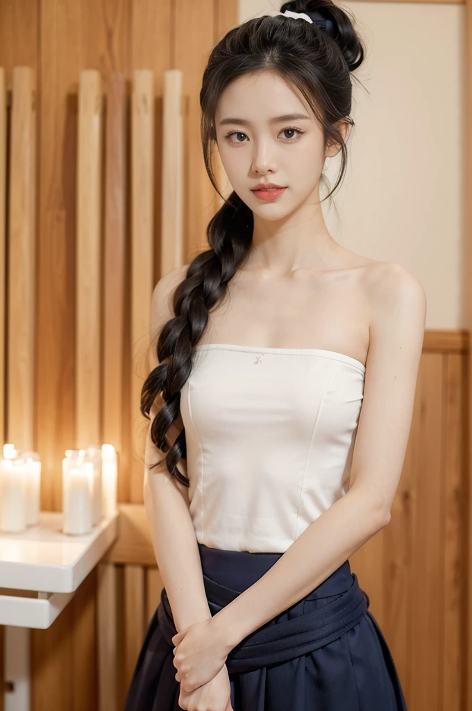 (((best quality))),(((ultra detailed))),(((masterpiece))),illustration,1girl,solo,tonogui,short ponytail,slim,thin,small breasts,flat chest,strapless white tank top,maxi navy-blue kendo hakama,standing in kendo gym,(holding a bokuto:1.3),arms behind back,focused and determined expression,ready for challenge,slender and elegant face,confident and resilient,fair skin,blush,neat teeth,bright smile,clean and tidy uniform,wooden gym floor,wall,pine scent,standard grip,ready to slice through obstacles,strong belief,determination,spirit of resilience,admiring,from front,upper body,