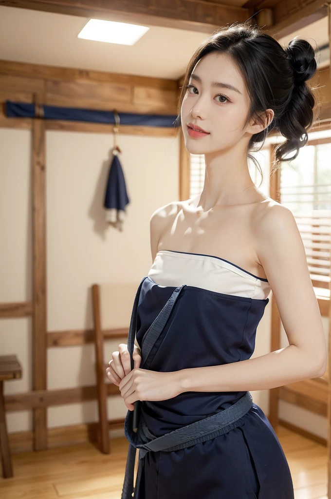 (((best quality))),(((ultra detailed))),(((masterpiece))),illustration,1girl,solo,tonogui,short ponytail,slim,thin,small breasts,flat chest,strapless white tank top,maxi navy-blue kendo hakama,standing in kendo gym,(holding a bokuto:1.3),arms behind back,focused and determined expression,ready for challenge,slender and elegant face,confident and resilient,fair skin,blush,neat teeth,bright smile,clean and tidy uniform,wooden gym floor,wall,pine scent,standard grip,ready to slice through obstacles,strong belief,determination,spirit of resilience,admiring,from front,upper body,