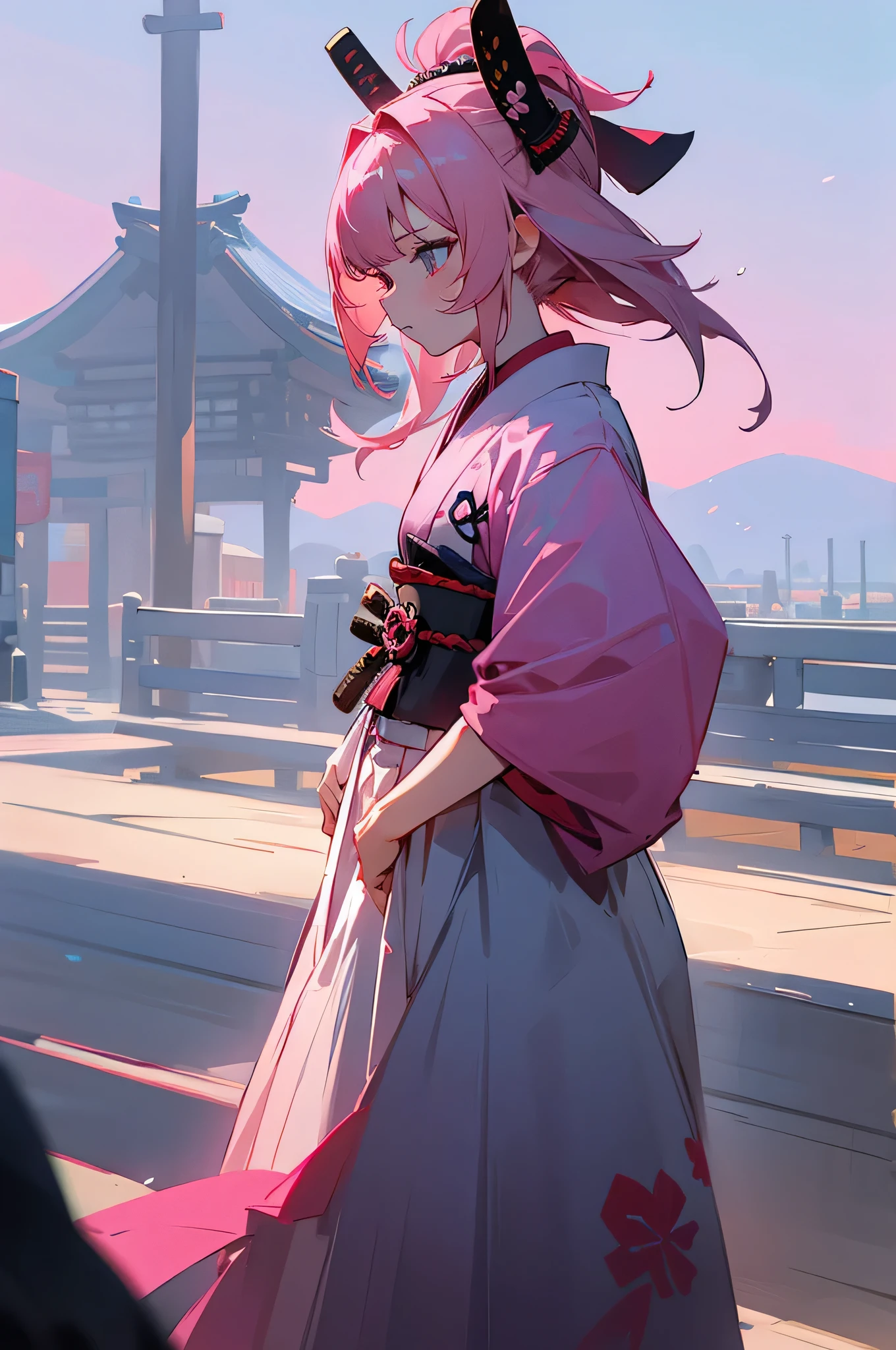  , Female, samurai Clothing, Standing pose, Town background, Pink hair