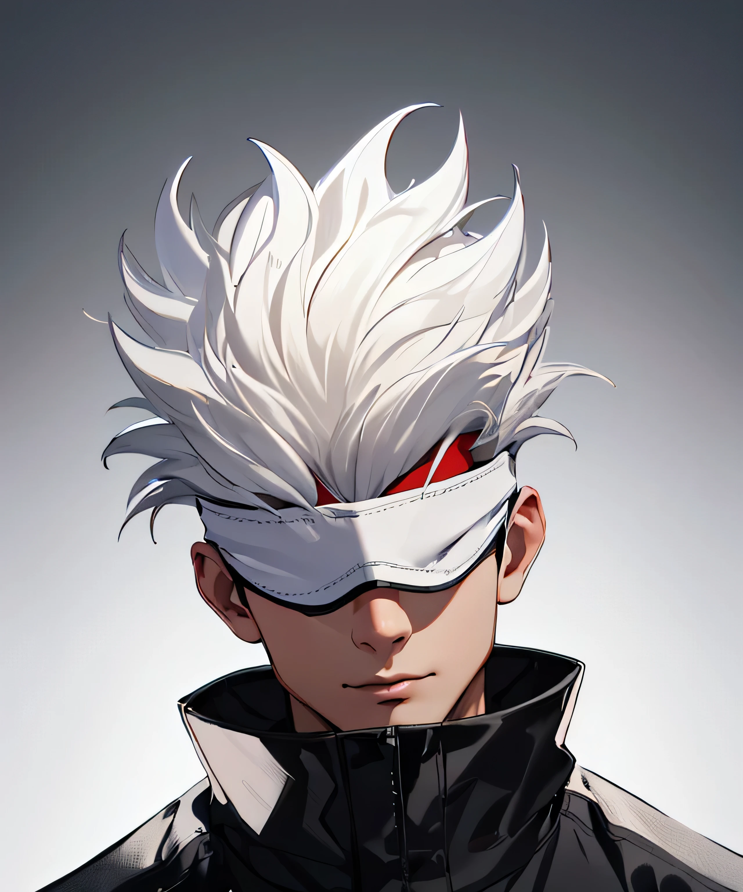 (absurdress, hight resolution, Ultra Detailed, HDR), Masterpiece, Best Quality, 1male, solo, a handsome, Short hair, white colored hair, black blindfold, black jacket, joy, Background for eSports,