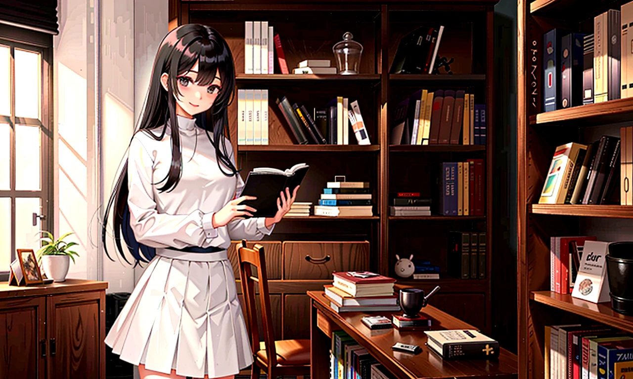 Black Hair、woman、Straight Hair、Bookshelf、White top、Grey Skirt、smile、black eye、