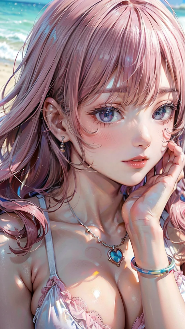 (Masterpiece, BestQuality:1.3), (ultra detailed:1.2), (hyperrealistic:1.3), (RAW photo:1.2), High detail RAW color photo, professional photograph, (Photorealistic:1.4), (realistic:1.4), (Pink Hair:1.5), professional lighting, perfect anatomy, (Big Breasts:1.2), (blush, detailed face), (A happy smile:1.7), Trending Hair&Trending Hairカラーをランダムに, earrings, necklace, bracelet, sexly, erotic sexly, Random sexy gravure poses, (Woman in white bikini on the beach、Relaxing with eyes closed while basking in the sunlight。Long wavy hair swaying in the wind。:1.3)