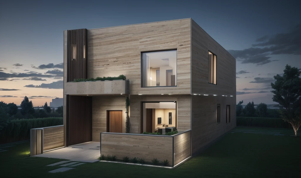 photorealistic, modern house,facade,modern,512k,high detailed, photoreal, award winning, large glass window on the right side, grass, plants, trees, evening, interior lights,(( travertine stone façade))
award winning, extremely detailed,