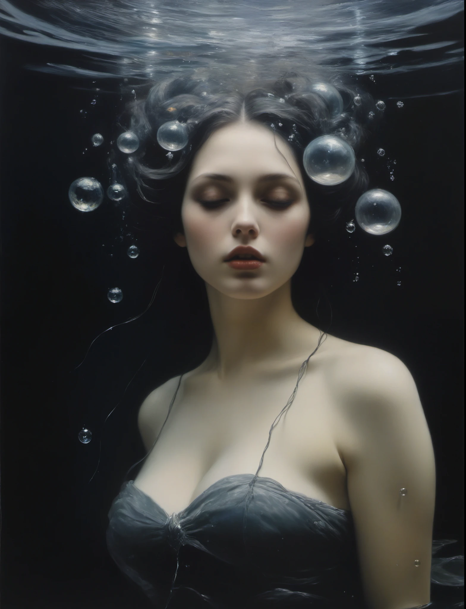 James Gurney, Surrealist art , dream-like, mysterious, Provocative, symbolic, Complex, detailed,, (Gothic but very beautiful:1.4), (masterpiece, Highest quality:1.4) , Nicola Samori Style, mermaid swimming in the sea , Water bubbles