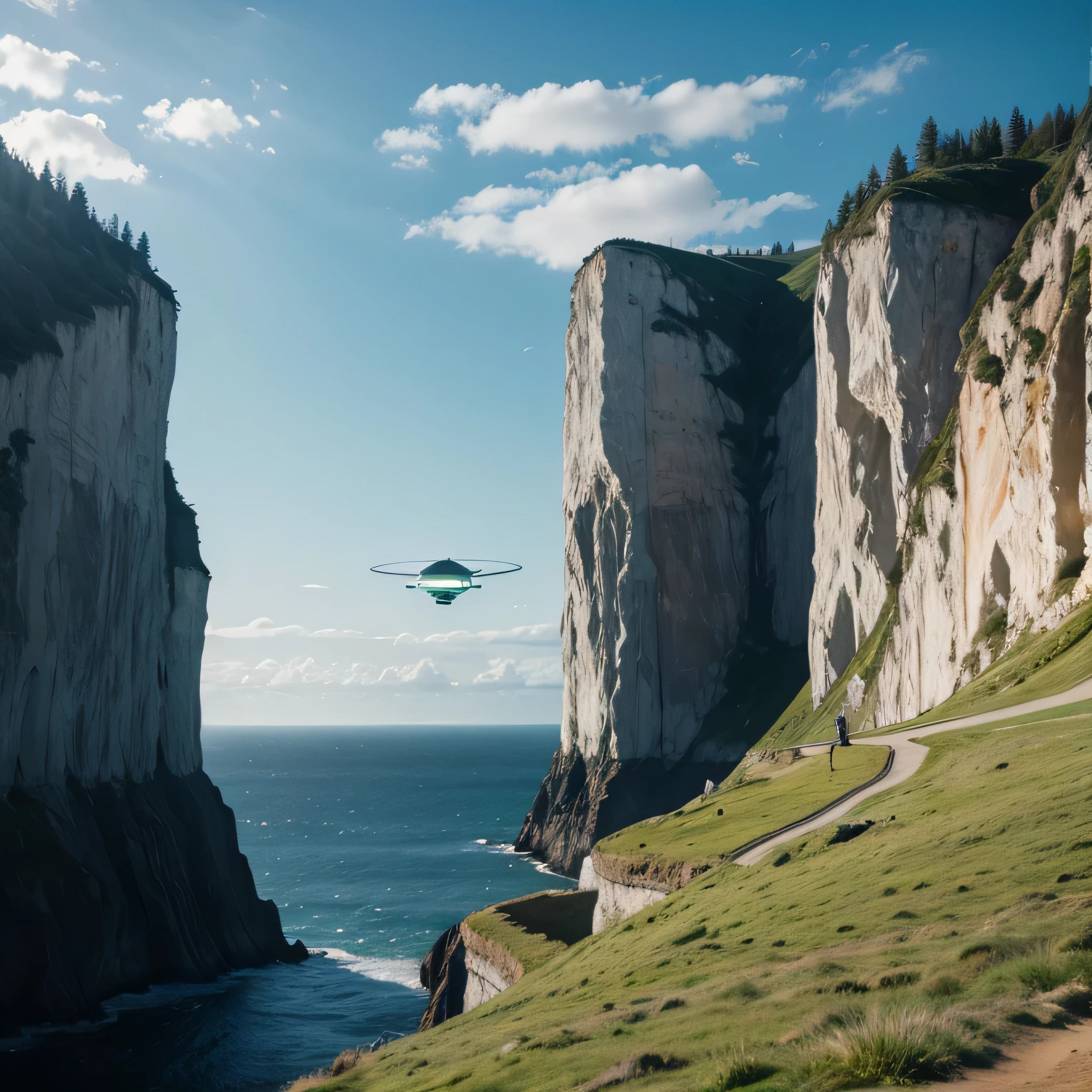 alien spaceship landing near cliffs