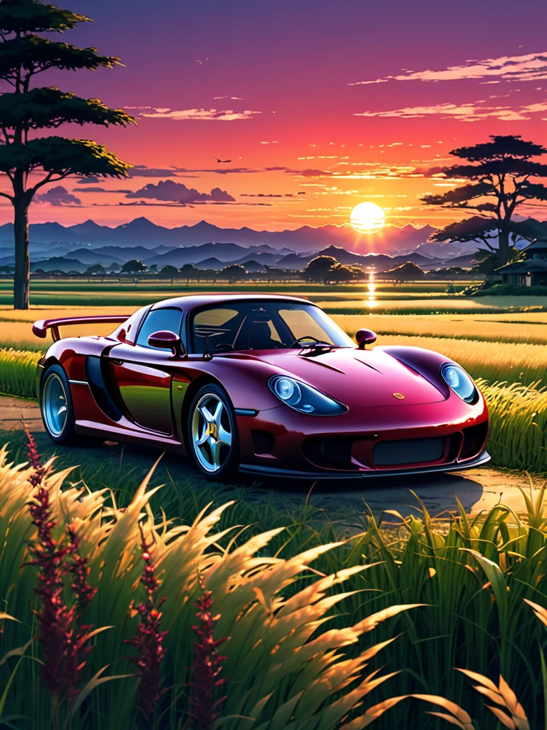 anime landscape of A pearl burgundy classic Porsche Carrera GT sits in a field of tall grass with a sunset in the background.beautiful anime scene, beautiful anime peace scene, Makoto Shinkai Cyril Rolando, beautiful anime scene, amazing wallpaper, anime art wallpaper 8k, anime background, artistic anime background, anime wallpaper 4k, anime art 4k wallpaper, anime wallpaper art 4k,
