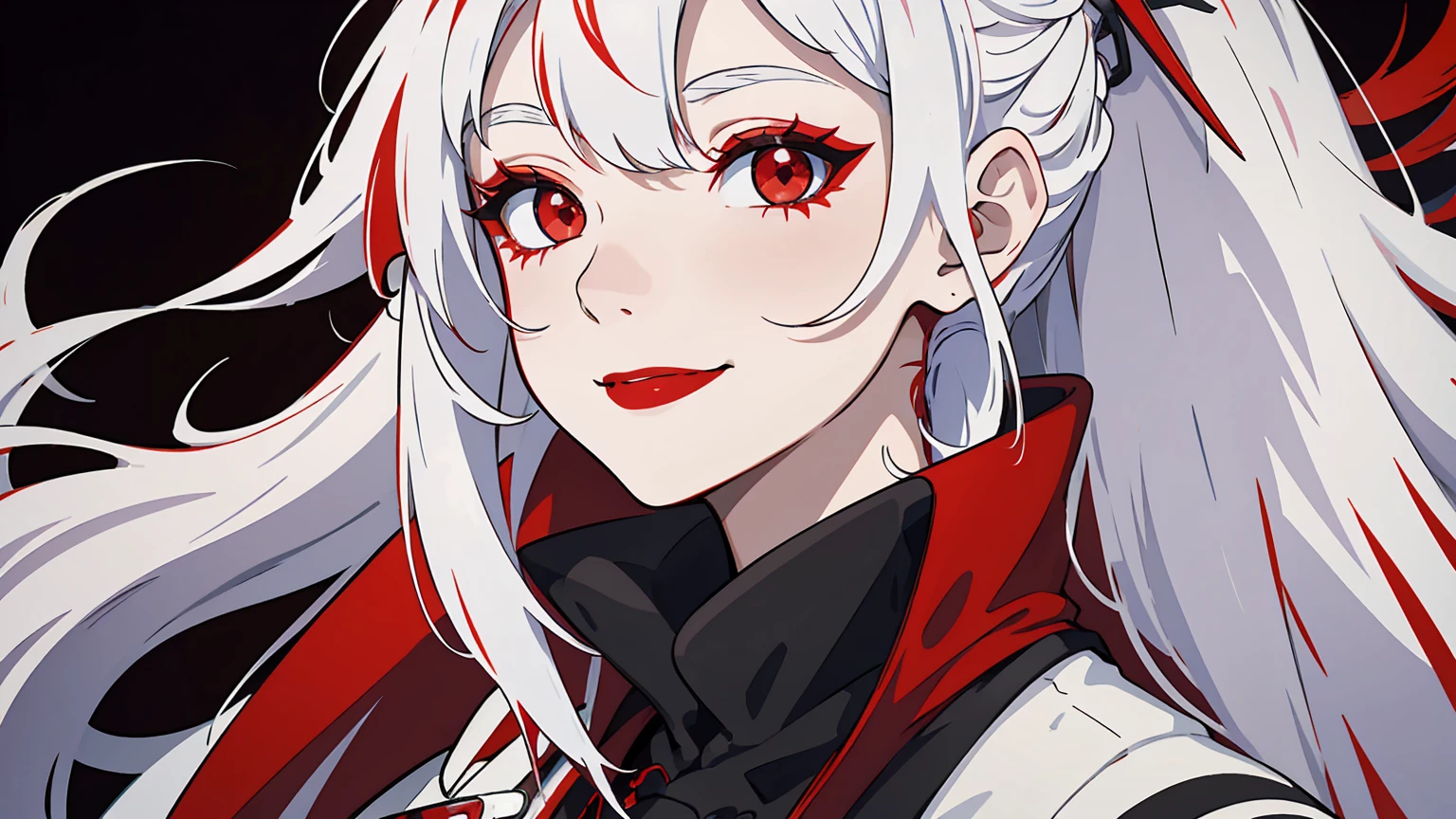 solo, white hair, multicolored hair, colored tip, red colored tips, white hair highlights, red eyes, long hair, parted bangs, portrait, smiling, established shot, eyeliner, dark red eyeliner, red lips, emo goth aesthetic
