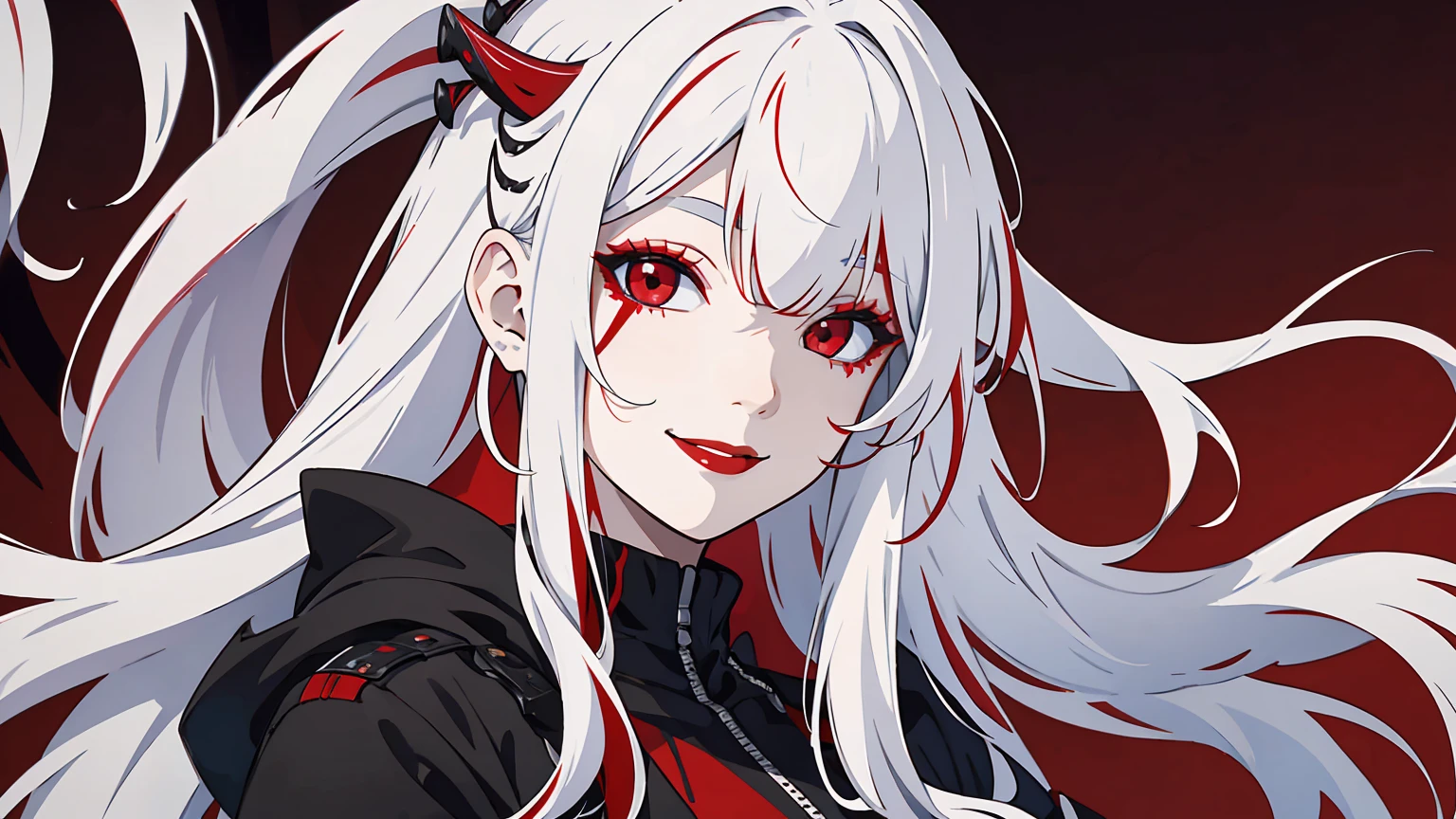 solo, white hair, multicolored hair, colored tip, red colored tips, white hair highlights, red eyes, long hair, parted bangs, portrait, smiling, established shot, eyeliner, dark red eyeliner, red lips, emo goth aesthetic