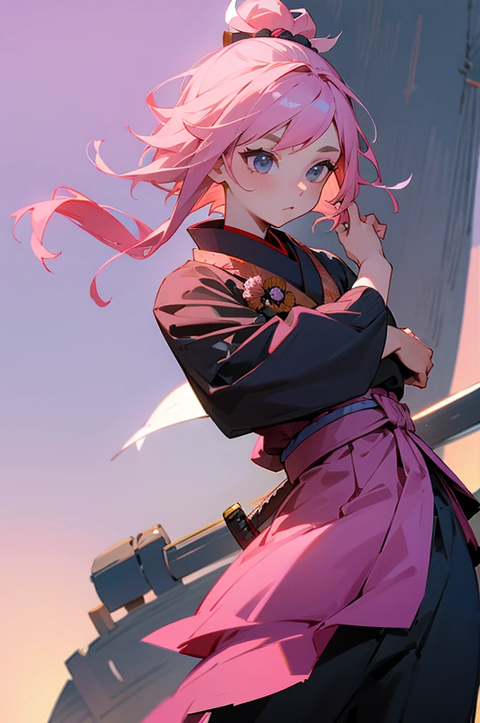  , Female, samurai Clothing, Standing pose, Town background, Pink hair