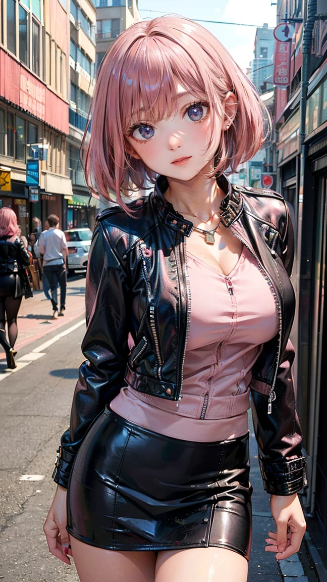 (Masterpiece, BestQuality:1.3), (ultra detailed:1.2), (hyperrealistic:1.3), (RAW photo:1.2), High detail RAW color photo, professional photograph, (Photorealistic:1.4), (realistic:1.4), (Pink Hair:1.5), professional lighting, perfect anatomy, (Big Breasts:1.2), (blush, detailed face), (A happy smile:1.7), Trending Hair&Trending Hairカラーをランダムに, earrings, necklace, bracelet, sexly, erotic sexly, Random sexy gravure poses, (A woman wearing a black leather jacket and a tight skirt、A serious expression on the city streets。Bob cut hairstyle。:1.3)
