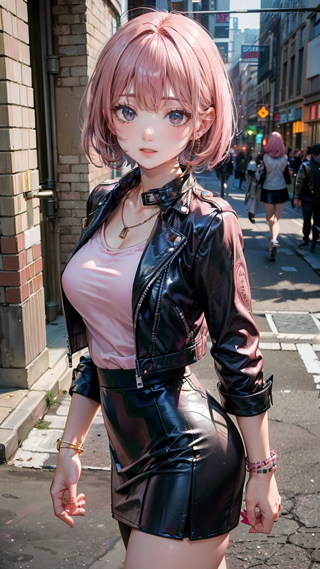 (Masterpiece, BestQuality:1.3), (ultra detailed:1.2), (hyperrealistic:1.3), (RAW photo:1.2), High detail RAW color photo, professional photograph, (Photorealistic:1.4), (realistic:1.4), (Pink Hair:1.5), professional lighting, perfect anatomy, (Big Breasts:1.2), (blush, detailed face), (A happy smile:1.7), Trending Hair&Trending Hairカラーをランダムに, earrings, necklace, bracelet, sexly, erotic sexly, Random sexy gravure poses, (A woman wearing a black leather jacket and a tight skirt、A serious expression on the city streets。Bob cut hairstyle。:1.3)