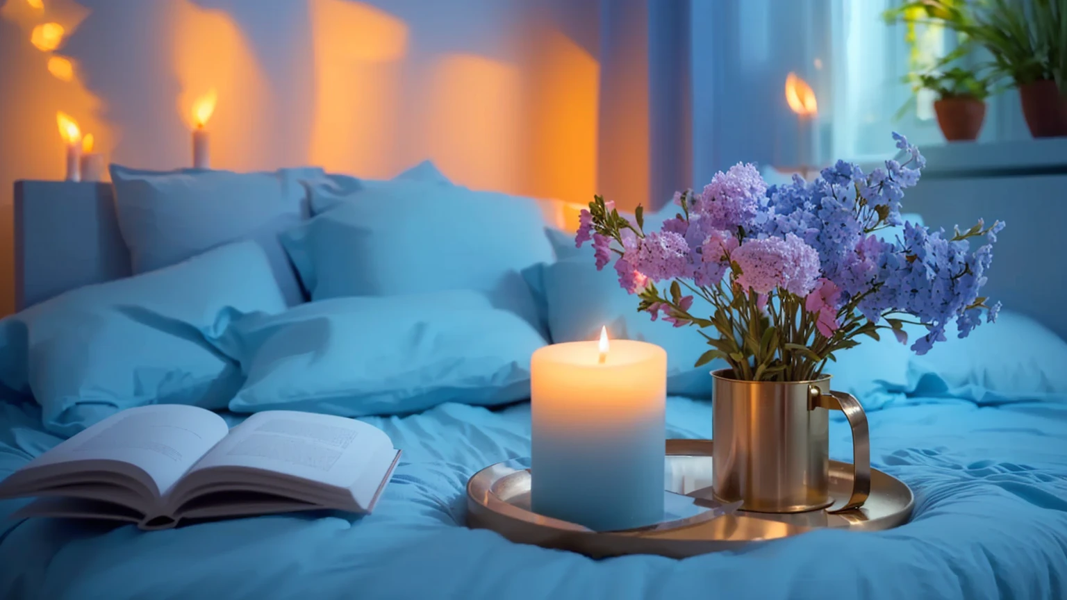 there is a candle and a book on a bed with a lit candle, relaxing mood, relaxing atmosphere, sweet night ambient, unreal engine ; romantic theme, peaceful ambience, cozy and peaceful atmosphere, romantic atmosphere, beautiful ambience, cozy candlelight, romantic ambiente, evening ambience, beautiful ambiance, peaceful atmosphere, serene evening atmosphere, relaxing environment, candle lit