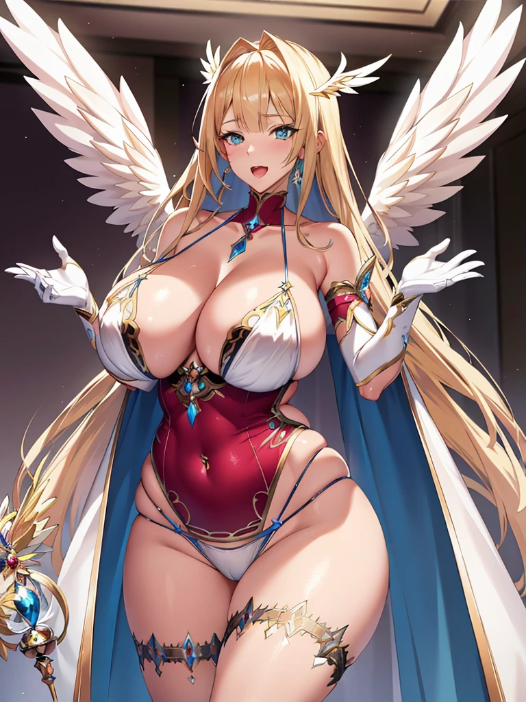 最high quality, high quality, 8K、High resolution,Highest quality、anime、solo、from the front、Arafe woman wearing a plain white bikini,Gentle Eyes、Long neck、bare hands、barefoot、belly button、maternal、Thighs、Background of a room with a chandelier、Standing in a clean posture、Open Mouth Smile、Blonde、high qualityな青い瞳、白いビキニを着ているsuper Wide Angel, Majestic angel all over the body, animeの女神, Wide Angel, Angela White, Epic pose,白いビキニを着ている美しく魅力的なanimeの女性, Huge and stunning goddess shots, Angel Knight Girl, Tall female angel, She has angel wings on her chest, Highly detailed goddess shot