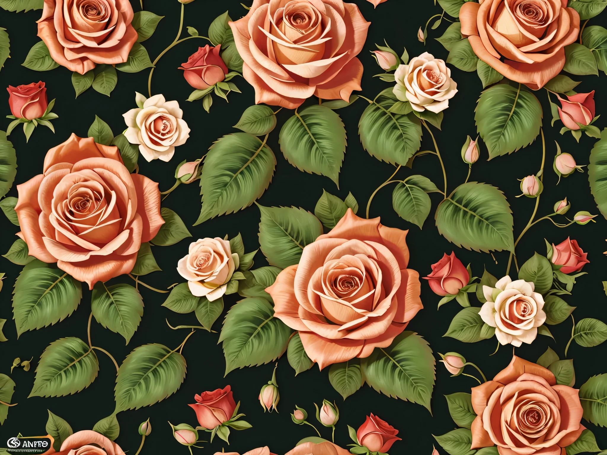 seamless floral pattern, roses, high quality, intricate detail, vibrant colors, lush composition, elegant, beautiful, delicate petals, realistic rendering, photorealistic, 8k, 3d, studio lighting, glossy, seamless tiling, ornate, botanical, nature inspired, exquisite, masterpiece