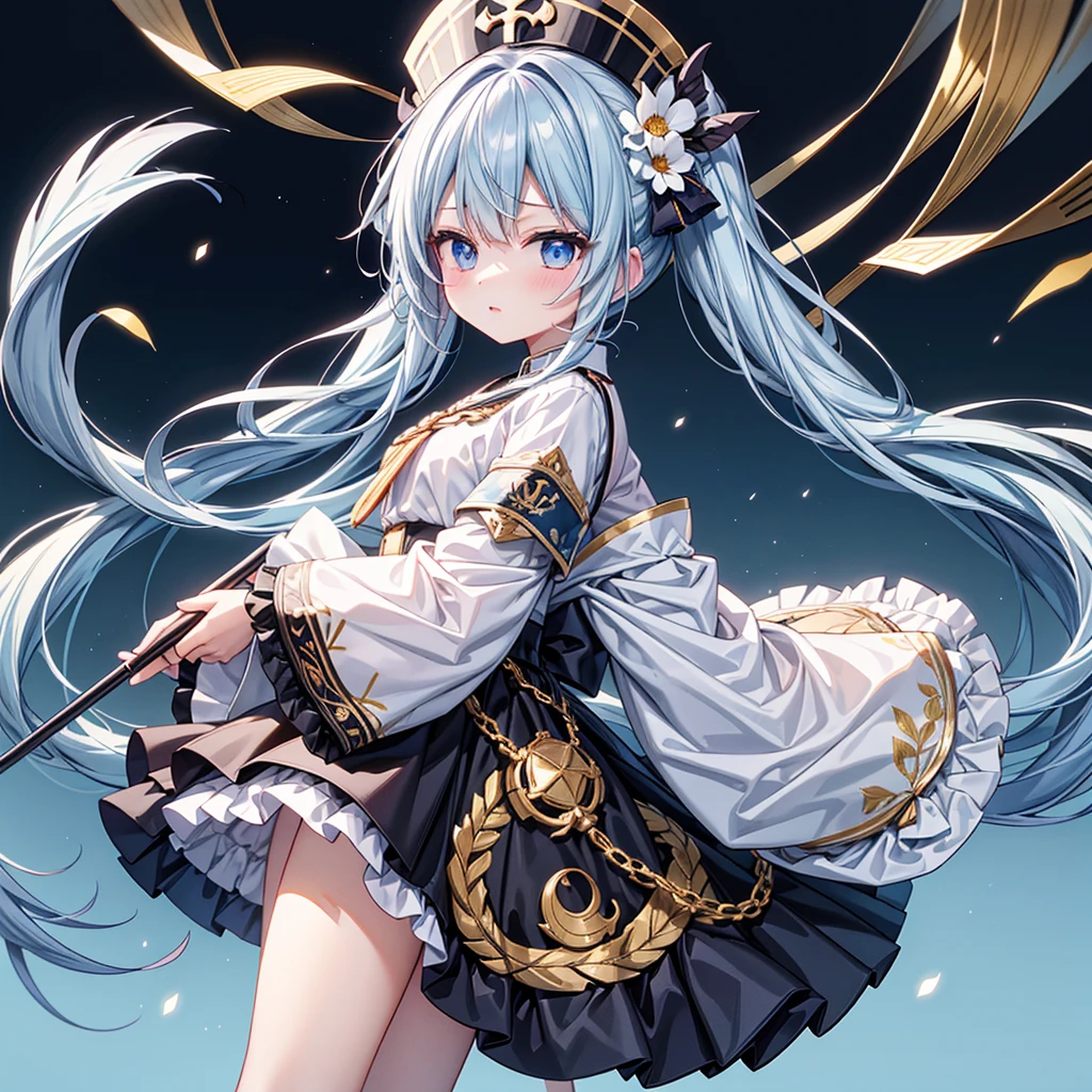 1girl、Dynamic composition、marching band、(((Masterpiece、Highest quality、Official Art、Super detailed、Handsome face、Dynamic composition)))、Anime Style、(Milky white and blue hair:1.3),(blue eyes:1.4),(Bright colors:1.4),((麻の葉background:1.3)),, marching bandのユニフォームを着たクールな女の子, marching bandの帽子、mini skirt, Frills, Black and white with gold embroidered flag held in both hands,(background:Large red flag on the back with gold floral embroidery, Note, )