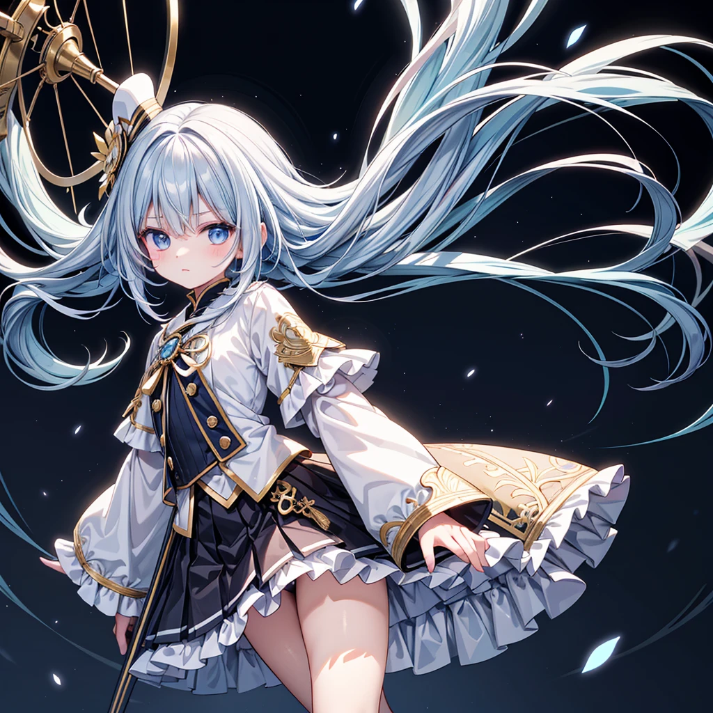 1girl、Dynamic composition、marching band、(((Masterpiece、Highest quality、Official Art、Super detailed、Handsome face、Dynamic composition)))、Anime Style、(Milky white and blue hair:1.3),(blue eyes:1.4),(Bright colors:1.4),((麻の葉background:1.3)),, marching bandのユニフォームを着たクールな女の子, marching bandの帽子、mini skirt, Frills, Black and white with gold embroidered flag held in both hands,(background:Large red flag on the back with gold floral embroidery, Note, )