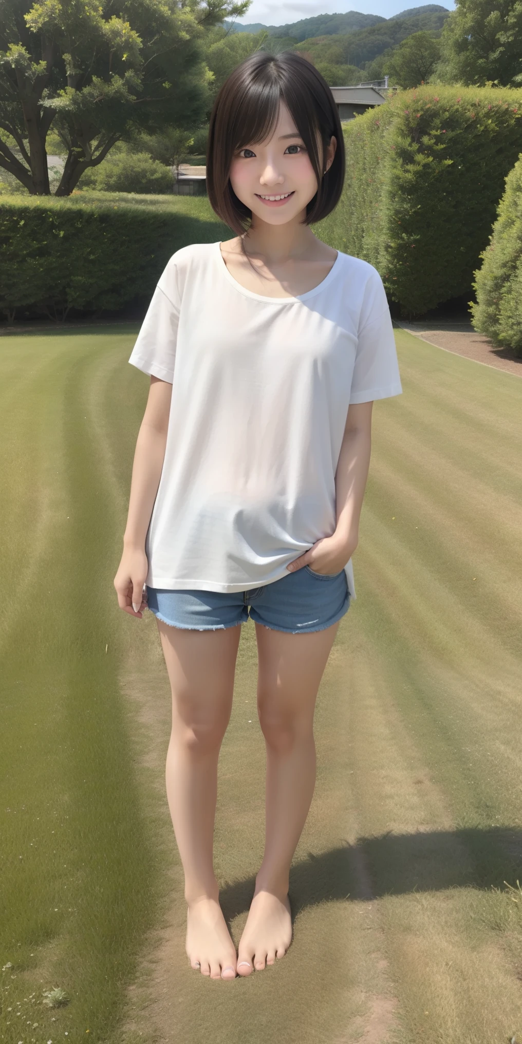 Full body standing upright on grass barefoot、Shortcuts、cute、20-year-old、Japanese、Big Boobs