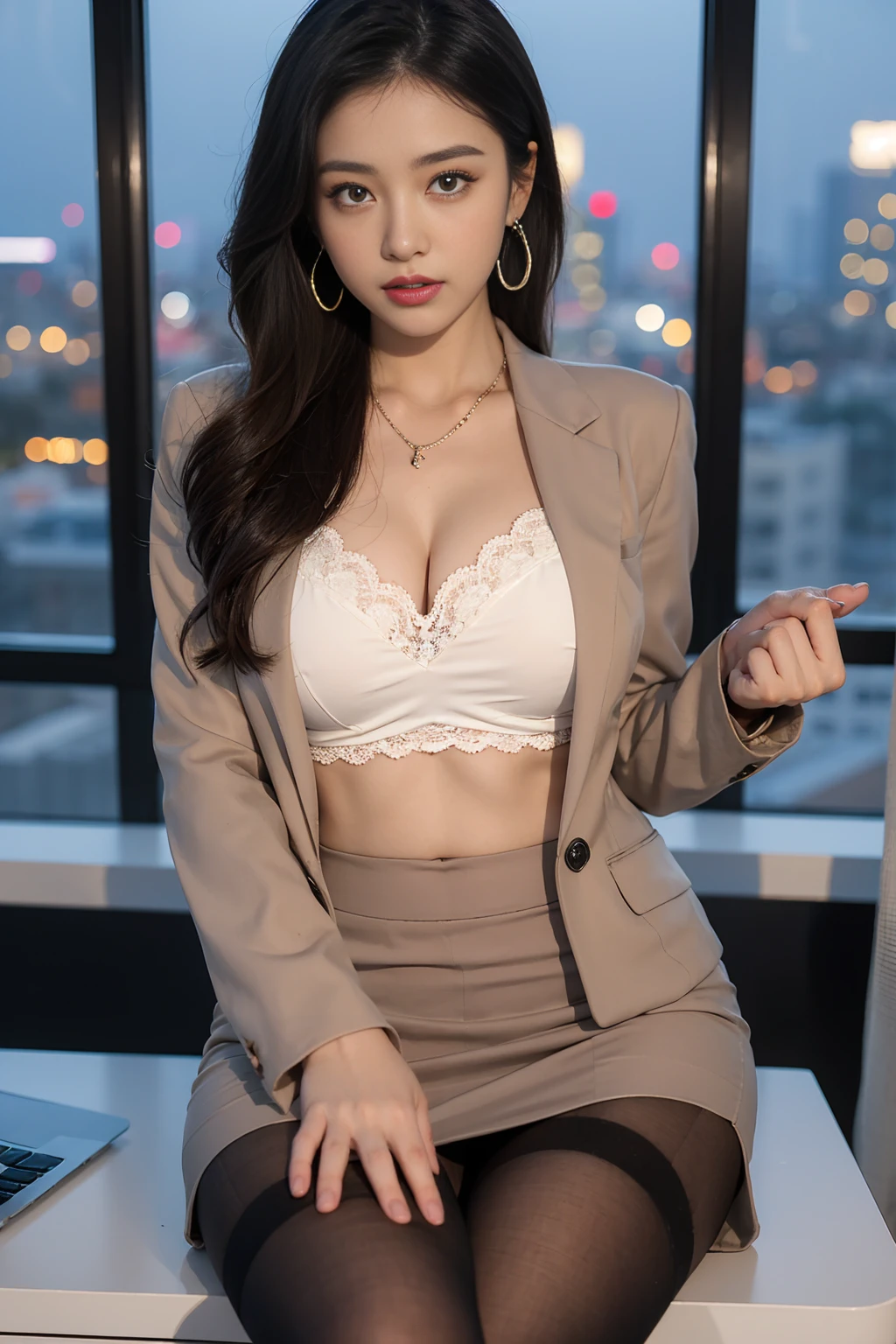 in the office，a young beautiful lady，Wear professional attire，gray blazer，Lace bandeau underwear，slit covered skirt。Bigger and wider hips，thin waist，The upper body rounder，full，Super in shape。Dressed up with jewelry，necklace，earrings，watch，High heel，black stockings。Painted with light makeup，beautiful eyeeautiful lips，very beautiful，Very temperamental。at desk，camel toe，Look at the file，With computer and keyboard。Background modern city office buildings，Very modern，There a lot of space，Outside the window the night view of the city，Modern Shanghai city night view。8 p.m，City neon lights flashing。Professional lighting effectovie shot，intricate details，The best resolution，masterpiece。Complete fingers，intricate details
