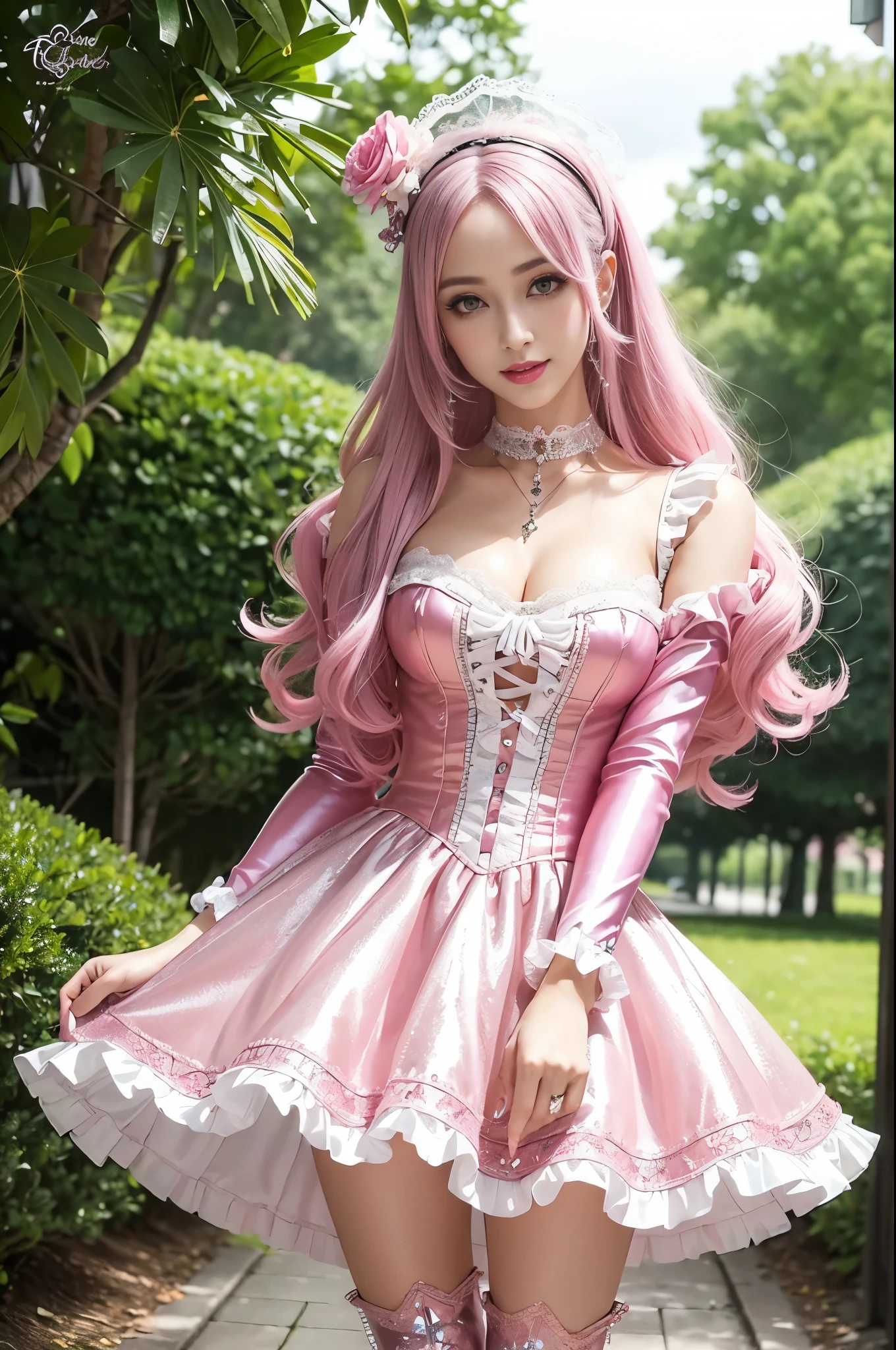 sexy stylish Swedish model, only 1 female, ((doll-like appearance)), long neon pink stylish hair, ((shiny Victorian-Style boots)), (big smile), ultra detailed eyes, very detailed eye makeup, lipgloss, long lashes, defined eyebrows, ((sexy Paradise Kiss cosplay)), bell-shaped skirt, petticoats, high neckline, puffed sleeves, ((ultra detailed lace)), ((ultra detailed embroidery)), intricate details, Paradise Kiss accessoires and matching headpiece, choker, ((large sparkling Paradise Kiss jewelry)), cinematic light, detailed large park background with trees