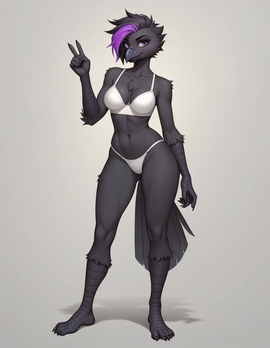 Score_9, score_8_up, score_7_up, flat colors, an Anthro avian crow girl, female, small grey beak, tall, small crow tail, black body, standing, white background, purple eyes, short black emo hair, purple highlights in hair, hands with five fingers, wearing white bra, white thong, full body shot, barefoot, bird leg texture, bird arm texture, 5 toes, toe claws